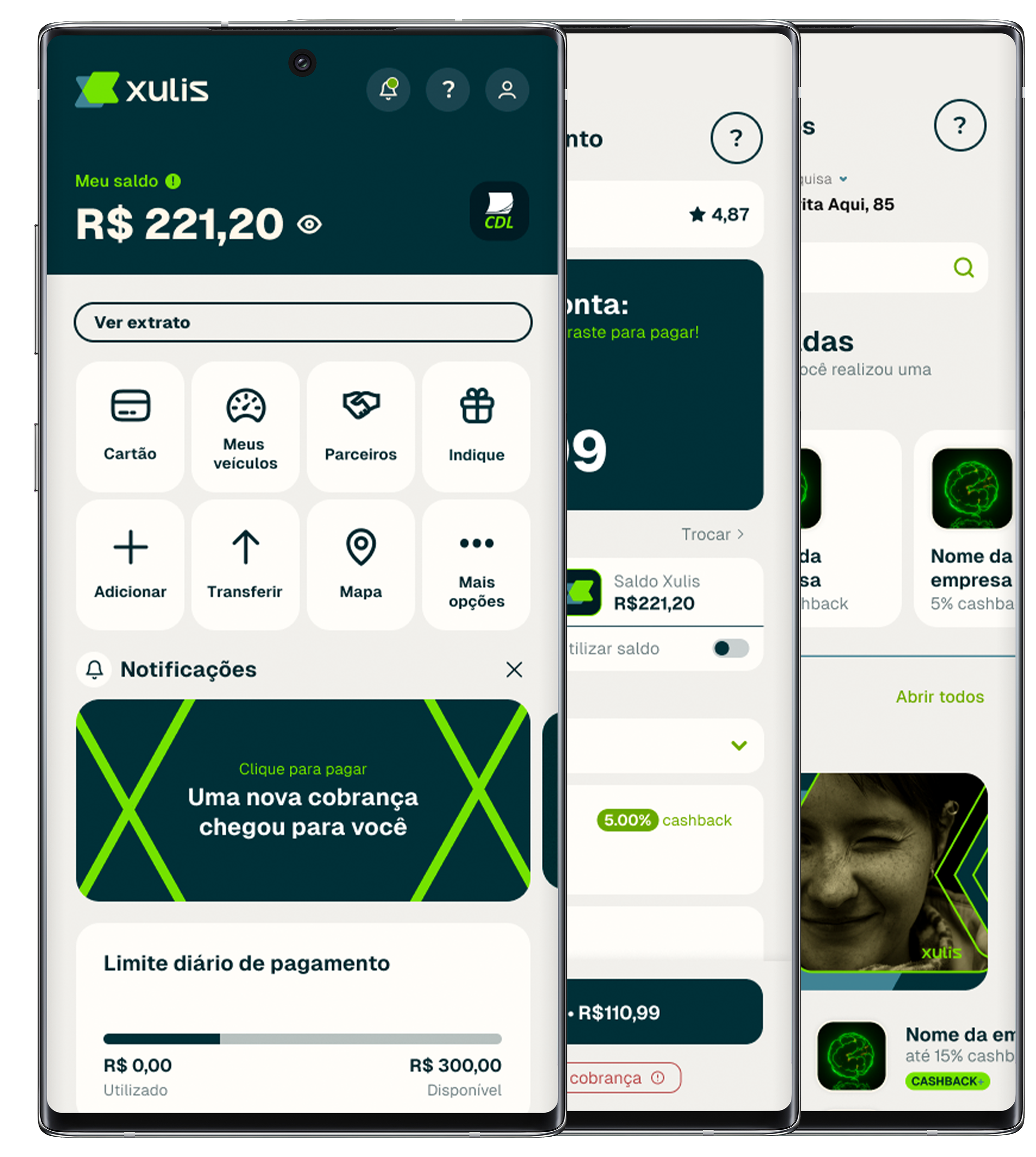 Telas do aplicativo financeiro Xulis exibindo o saldo, notificações de cobrança e funções como transferência, pagamento e extrato.