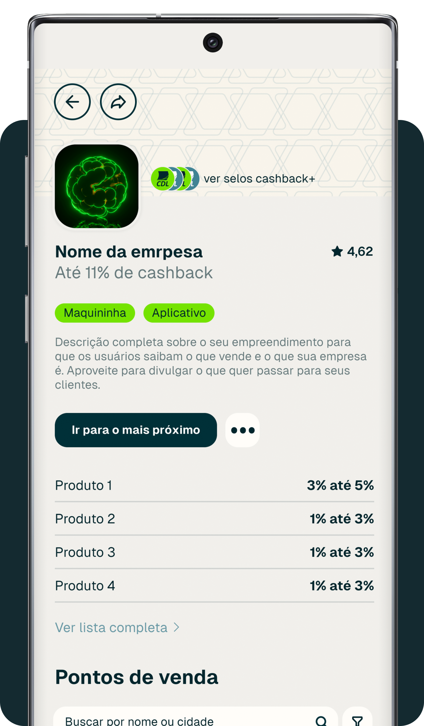 Tela do aplicativo Xulis mostrando o perfil de uma empresa parceira que oferece até 11% de cashback aos clientes através do app.