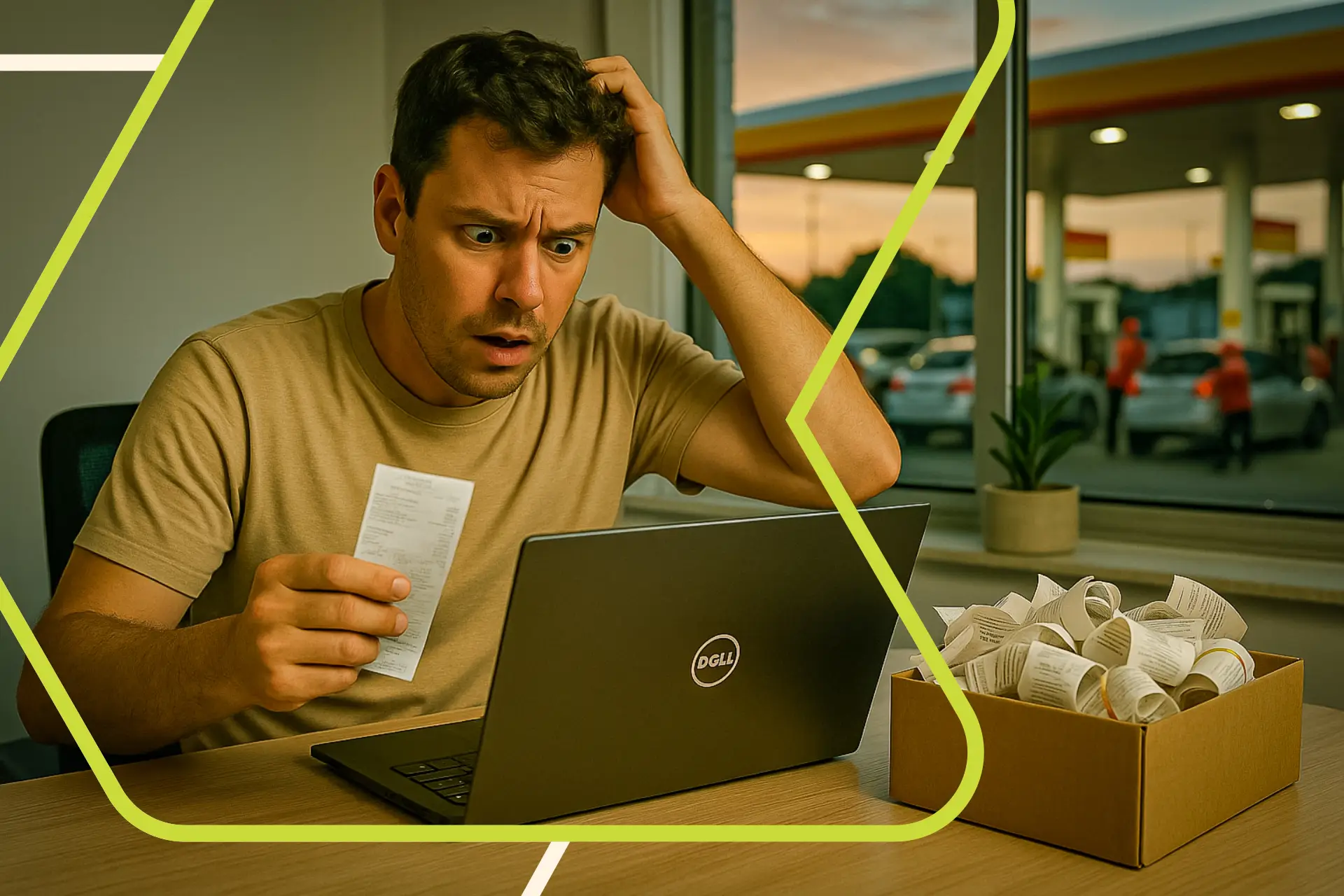 Um homem com uma expressão de frustração e preocupação, segurando um recibo e olhando para um laptop cercado por uma caixa cheia de recibos, representando os desafios da conciliação financeira manual.