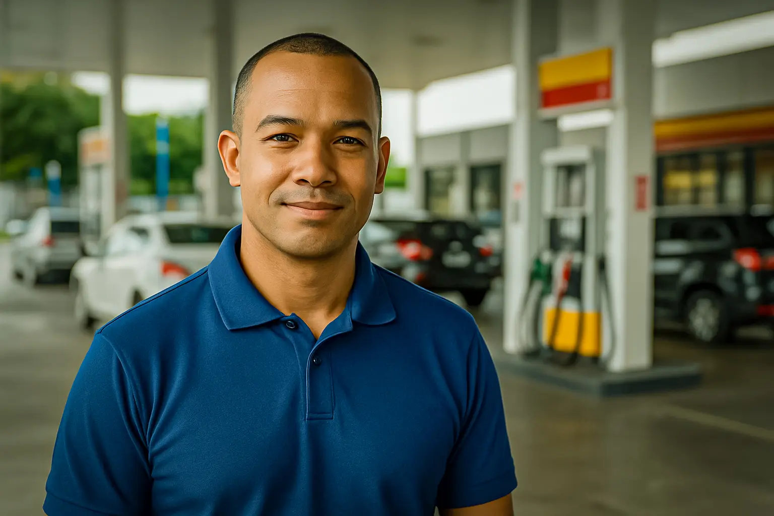 Gestor de posto de combustível sorrindo com confiança, representando a tranquilidade e o controle obtidos com um sistema de conciliação automática de cartões