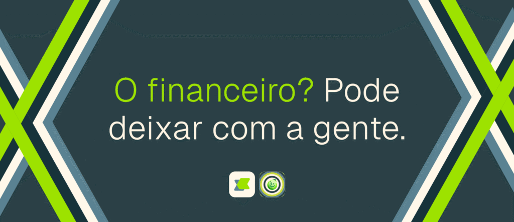 Banner da Xulis com a frase de confiança 'O financeiro? Pode deixar com a gente.' sobre um fundo com linhas geométricas e os logotipos da Xulis e do seu assistente de conciliação financeira, Xuxu.