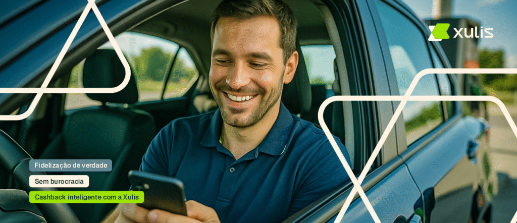 Cliente sorrindo dentro do carro enquanto usa o aplicativo Xulis no celular em um posto de combustível, com as frases "Fidelização de verdade" e "Cashback inteligente com a Xulis" em destaque na imagem.