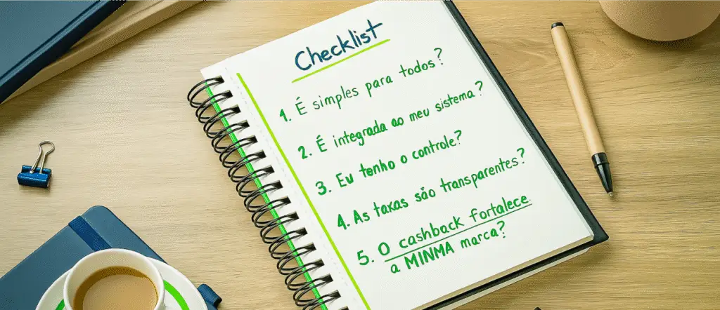 Checklist em um caderno com as 5 perguntas essenciais para escolher o melhor aplicativo de cashback para seu negócio, como "É integrada ao meu sistema?" e "O cashback fortalece a MINHA marca?"