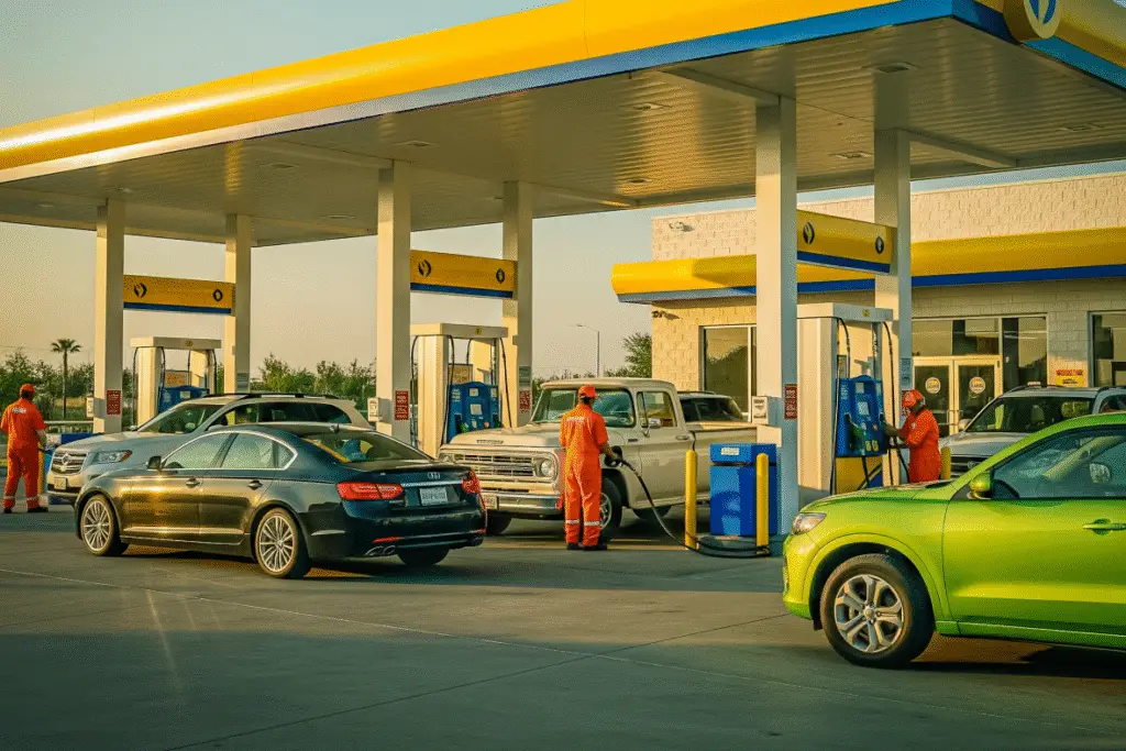 Posto de combustível movimentado com vários carros abastecendo, ilustrando o cenário competitivo e a necessidade de um aplicativo de cashback para fidelizar clientes.