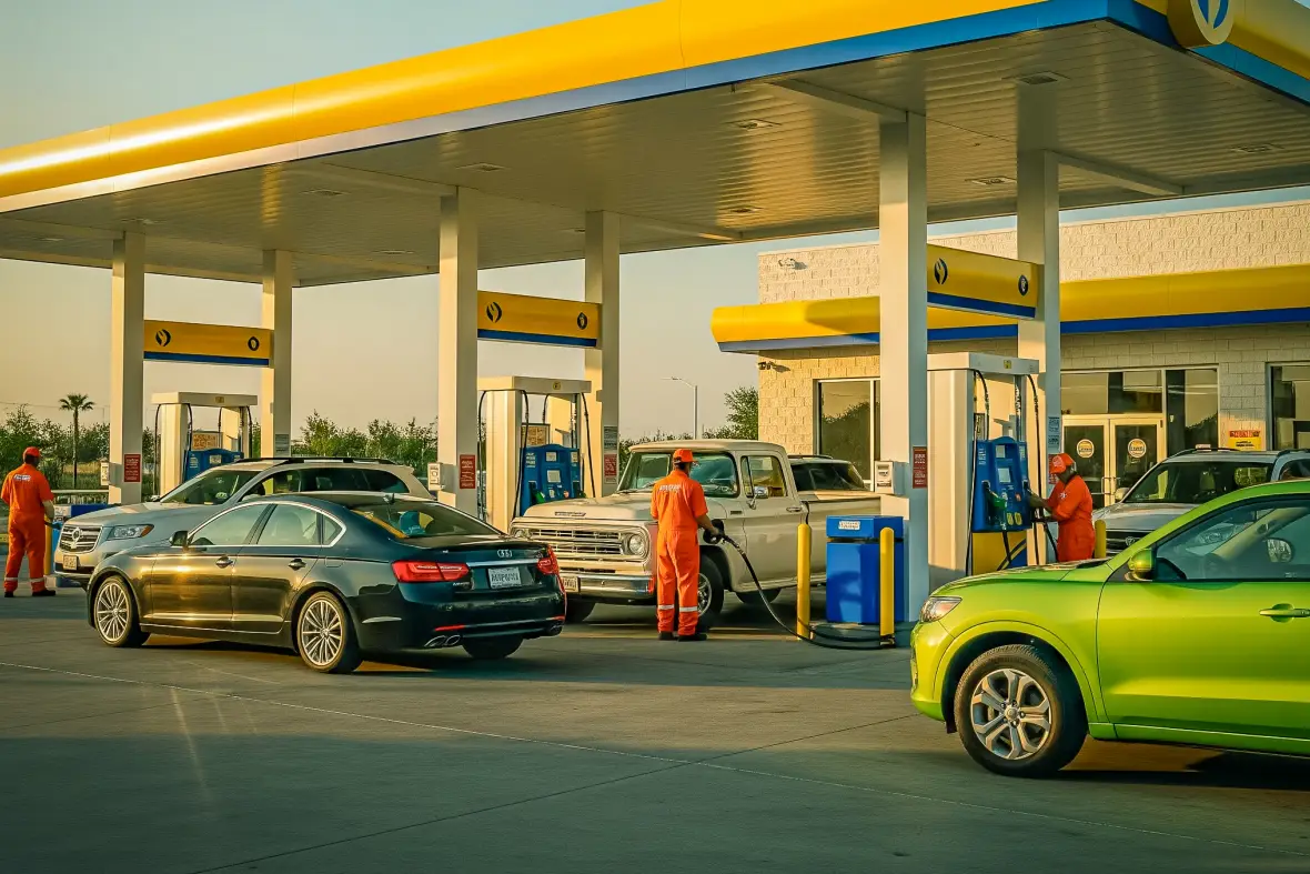 Posto de combustível movimentado com vários carros abastecendo, ilustrando o cenário competitivo e a necessidade de um aplicativo de cashback para fidelizar clientes.