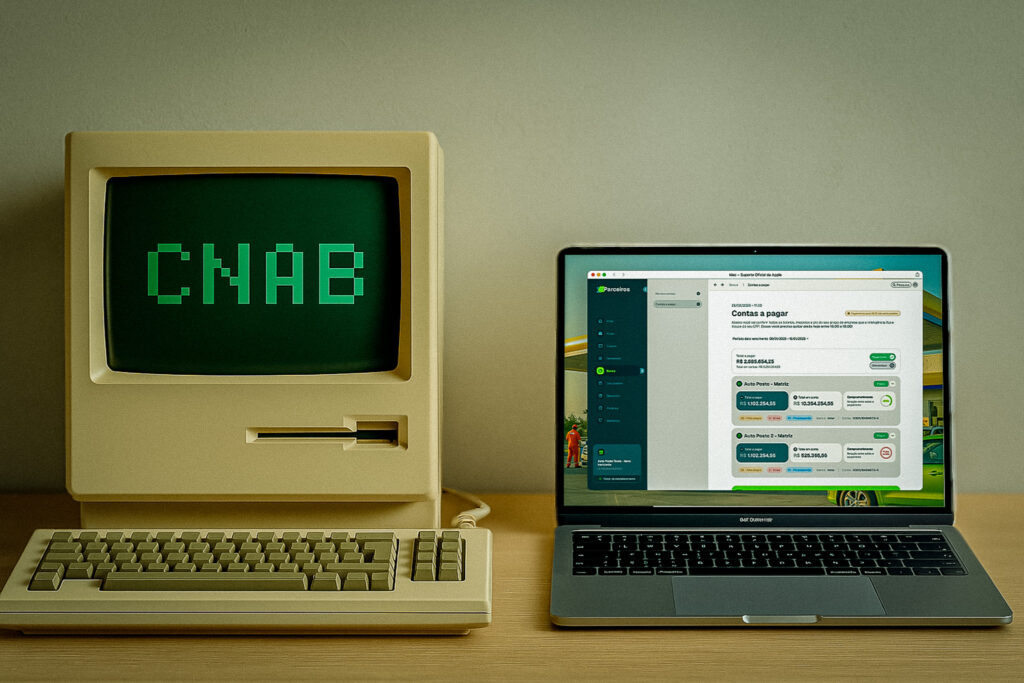 Comparativo visual entre o processo arcaico do arquivo CNAB, representado por um computador antigo, e a moderna plataforma de contas a pagar da Xulis em um laptop.