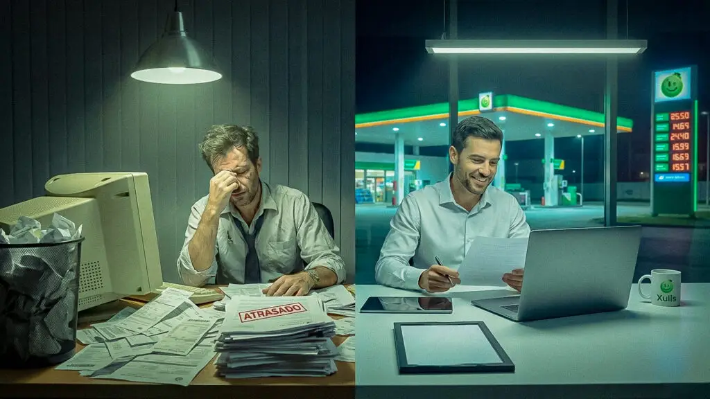 Comparativo antes e depois da automação de contas a pagar: à esquerda, um gestor estressado com pilhas de papel em um escritório antigo; à direita, um gestor tranquilo usando a solução da Xulis em um posto de combustível moderno.
